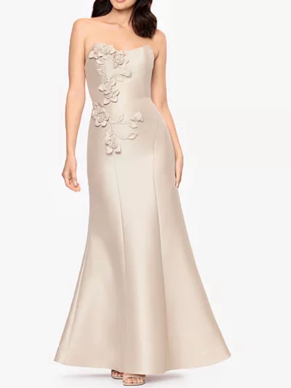 Strapless Floral Applique Evening Gown - Cream